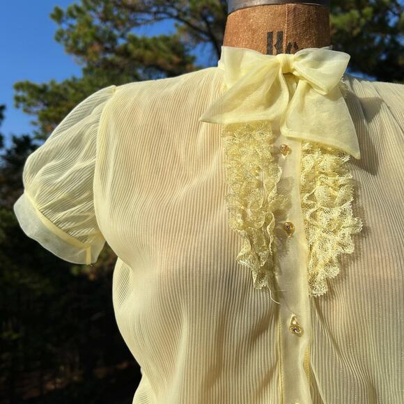 Vintage 40s/50s Yellow Sheer Chiffon Micro Pleat Ruffled Lace Puff Sleeve Blouse - Picture 1 of 10
